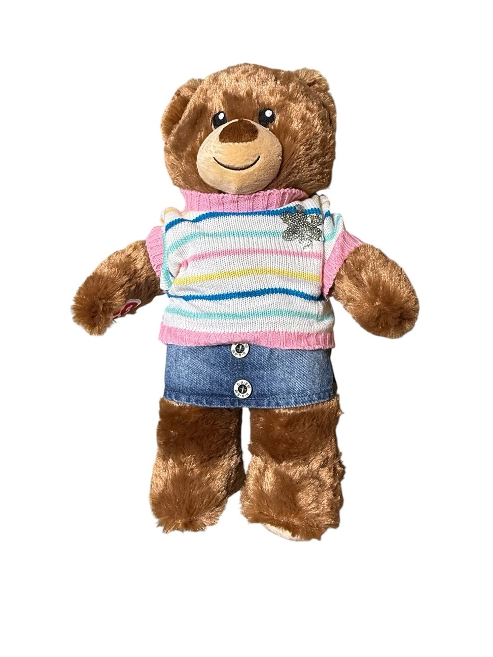 Build-A-Bear Lil' Cub Brownie 15" Plush Striped Sweater & Denim Skirt Outfit